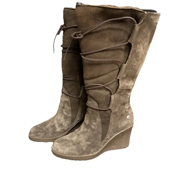 UGG Australia Elsey 5596 Brown Suede Shearling Wedge Boots Women's 7 M Fur Lined - Picture 1 of 12